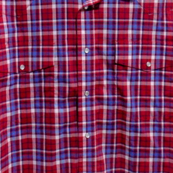 Wrangler Men's Red, White & Blue Plaid Pearl Snap Long Sleeve Shirt – Size: L - Picture 3 of 10